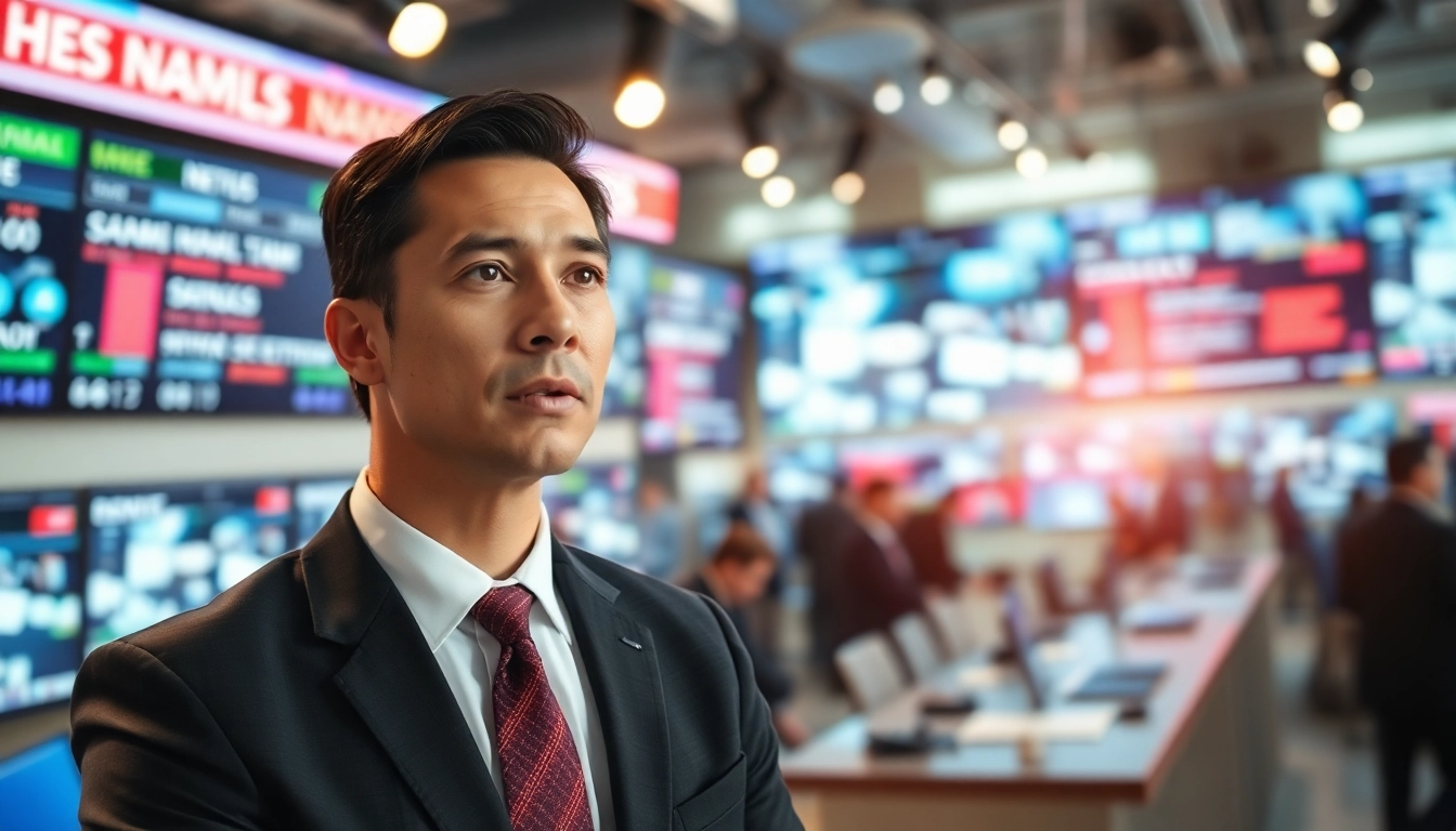 Report breaking News as a journalist passionately shares headlines in a vibrant newsroom.