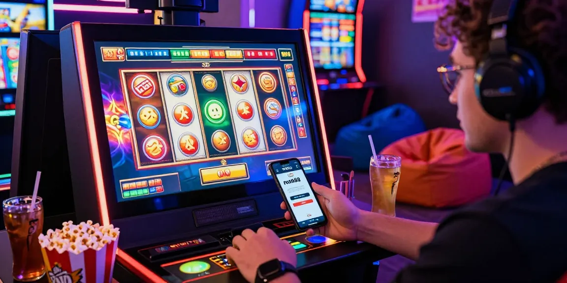 Player enjoying the rokok88 slot login experience on a vibrant online casino platform, surrounded by snacks and engaging graphics.