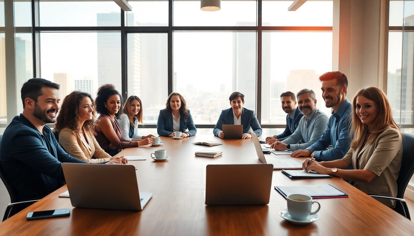 Dynamic meeting of professionals discussing business strategies in an office setting.