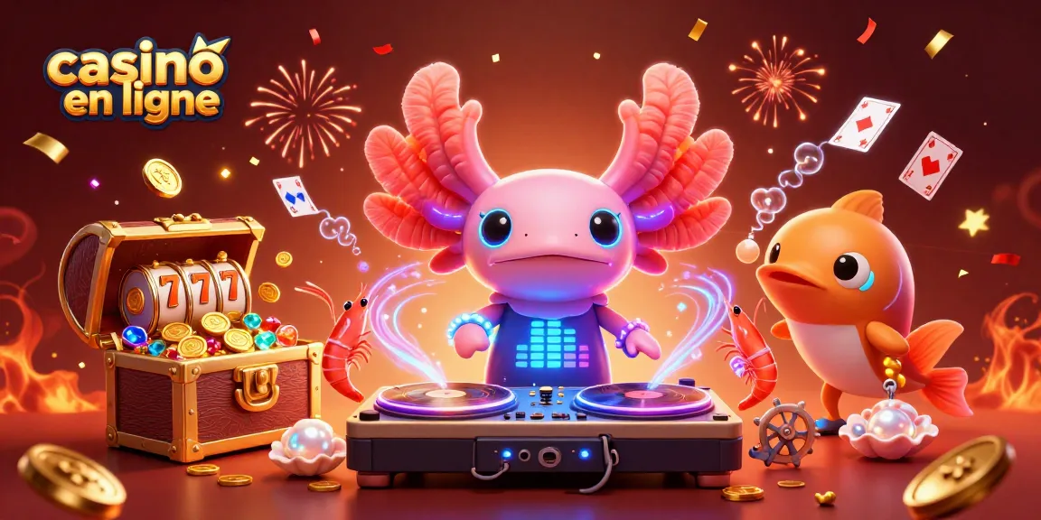 Jouez au casino en ligne avec une illustration d'axolotl DJ et des crabes dansants, entouré d'éléments de jeux d'argent.