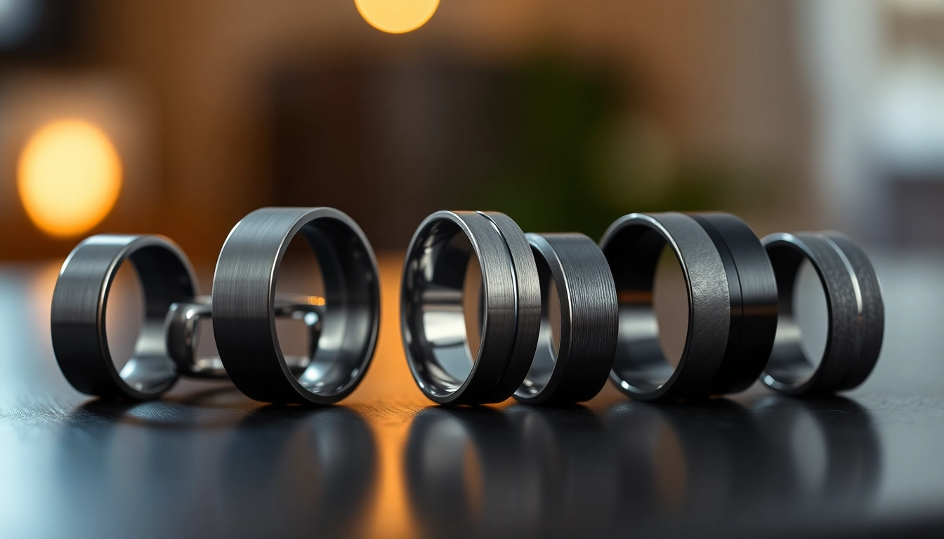 Showcase of Gunmetal Wedding Bands for Men with unique designs and finishes displayed elegantly.