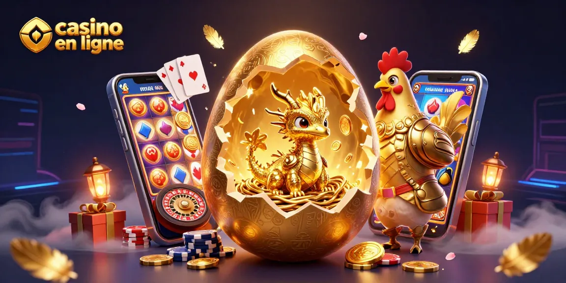 Jouer à des jeux de casino en ligne avec un dragon doré et des jetons de poker.