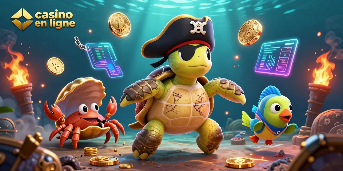 Profitez d'une expérience captivante sur casino en ligne avec une tortue pirate et des pièces de crypto-monnaie.