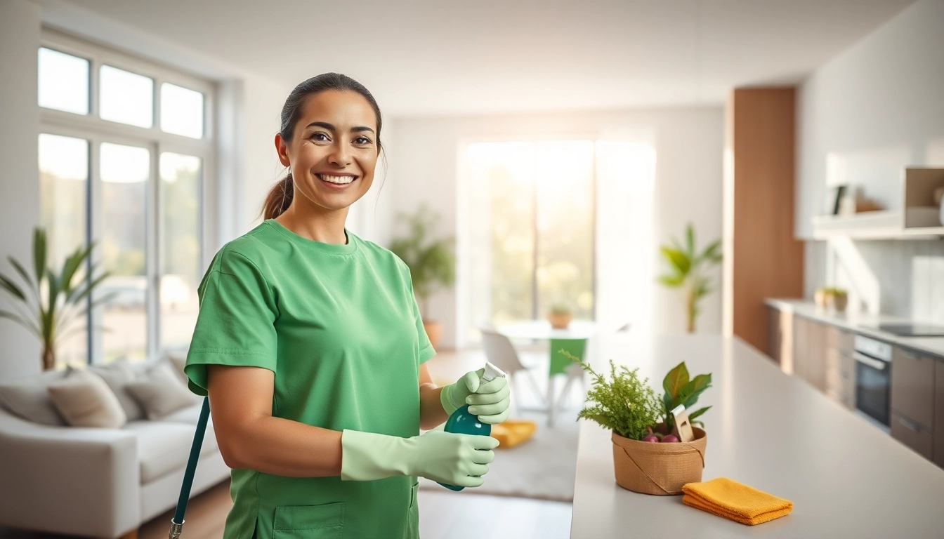 Spotless home showcasing a professional cleaning service with eco-friendly products in action.