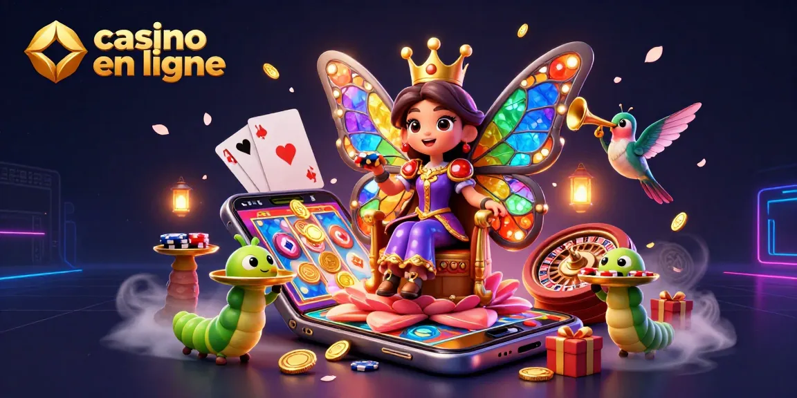 Visitez casino en ligne avec une reine papillon et des éléments de jeu animés.