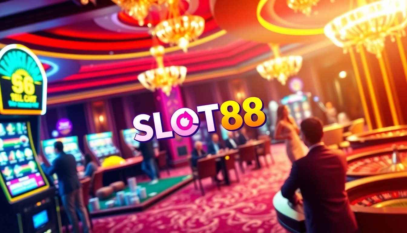 SLOT88 slot machine in a luxurious casino setting with players celebrating wins.