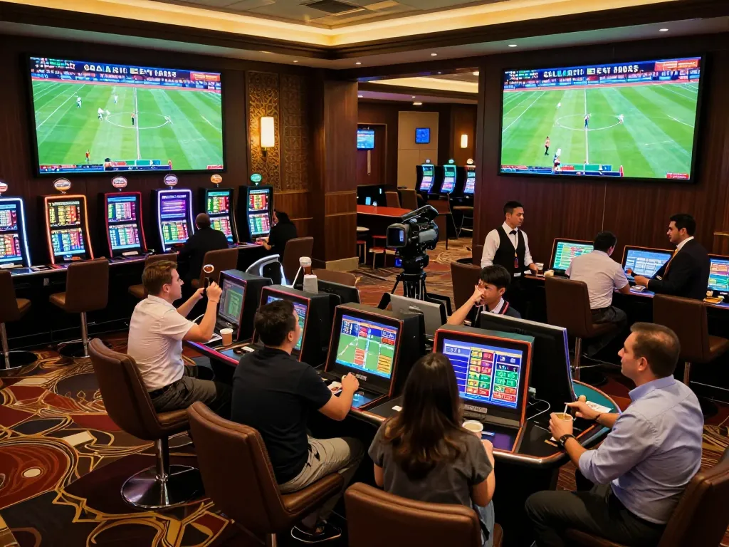 KLIKFIFA players engaging in real-time sports betting with live match screens in a modern casino.