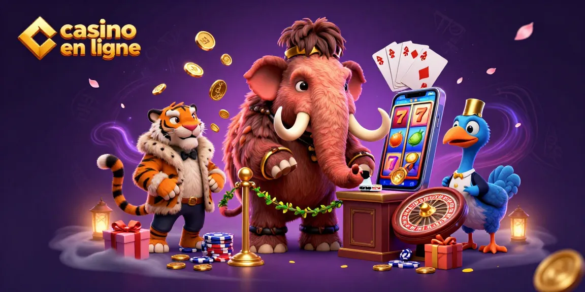 Casino en ligne : Mammouth, tigre et dodo à l'entrée d'un casino avec jeux et pièces d'or.