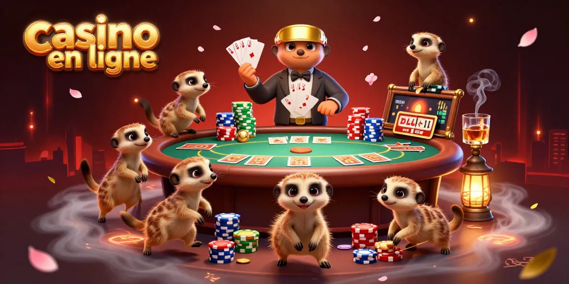 Jouer au casino en ligne avec des suricates animés gérant des tables et des jetons colorés.
