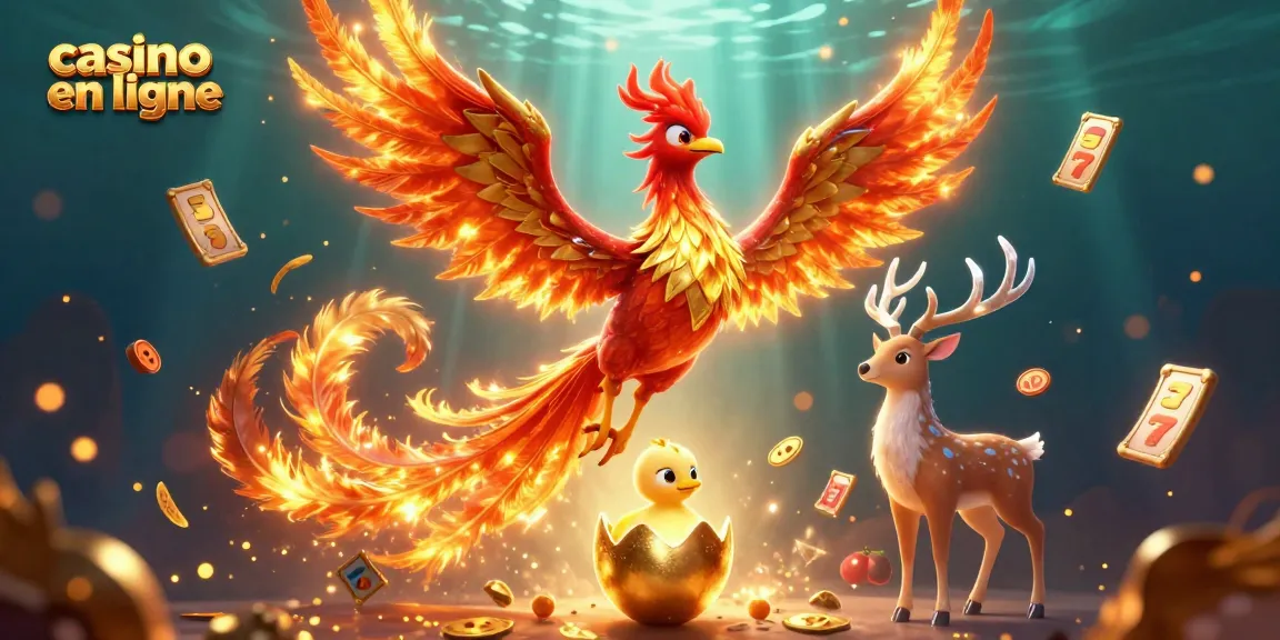Une scène captivante de casino en ligne avec un phénix et des éléments de machines à sous.