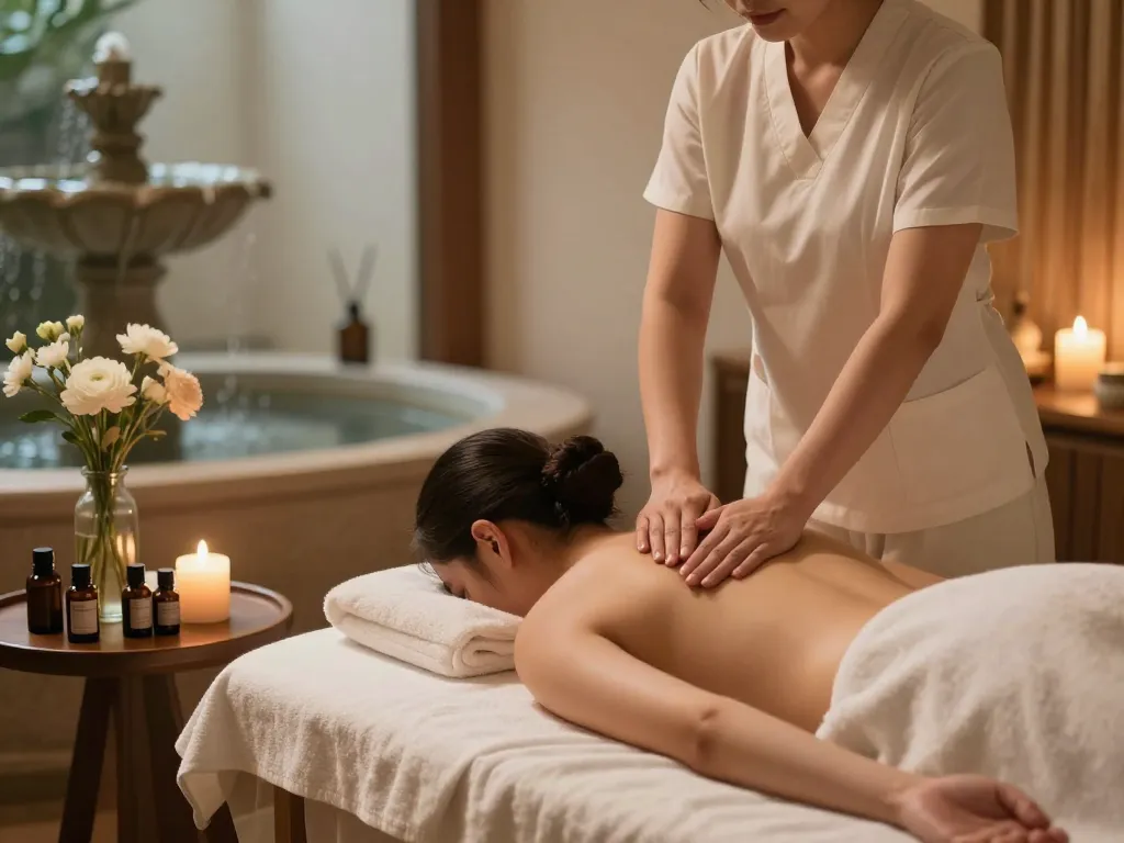 Therapeutic Swedish massage experience at a spa, showcasing a relaxed client and soothing atmosphere, highlighting 천안스웨디시.