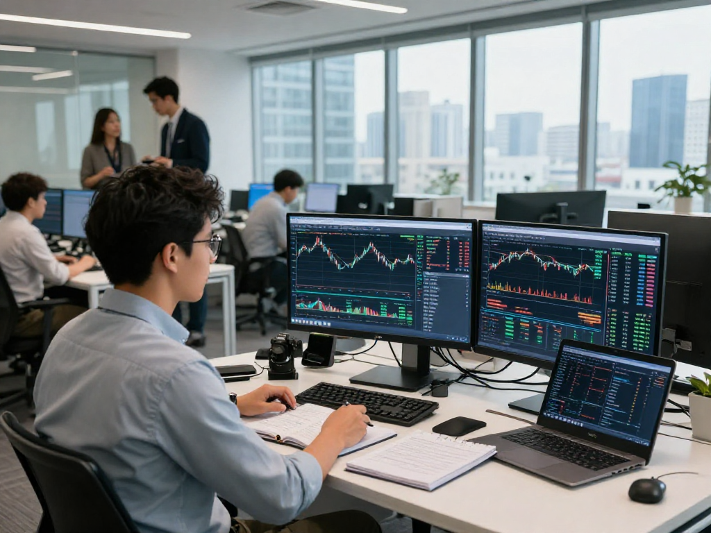 Trader utilizing metatrader 5 software in a vibrant financial office environment