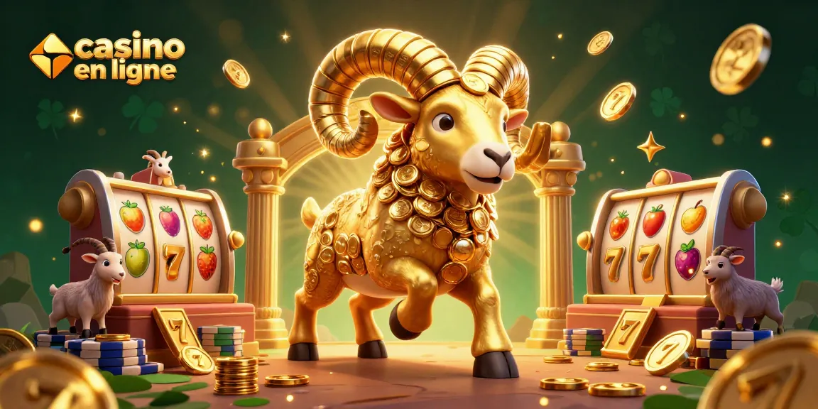 Mise en scène d'un casino en ligne dynamique avec un bélier doré et des éléments de machine à sous.