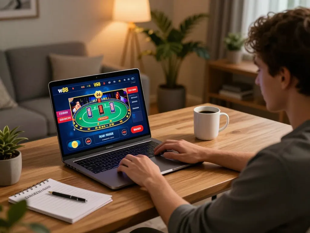 Engaging with w 88 casino platform on laptop at home, showcasing vibrant games and strategy notes