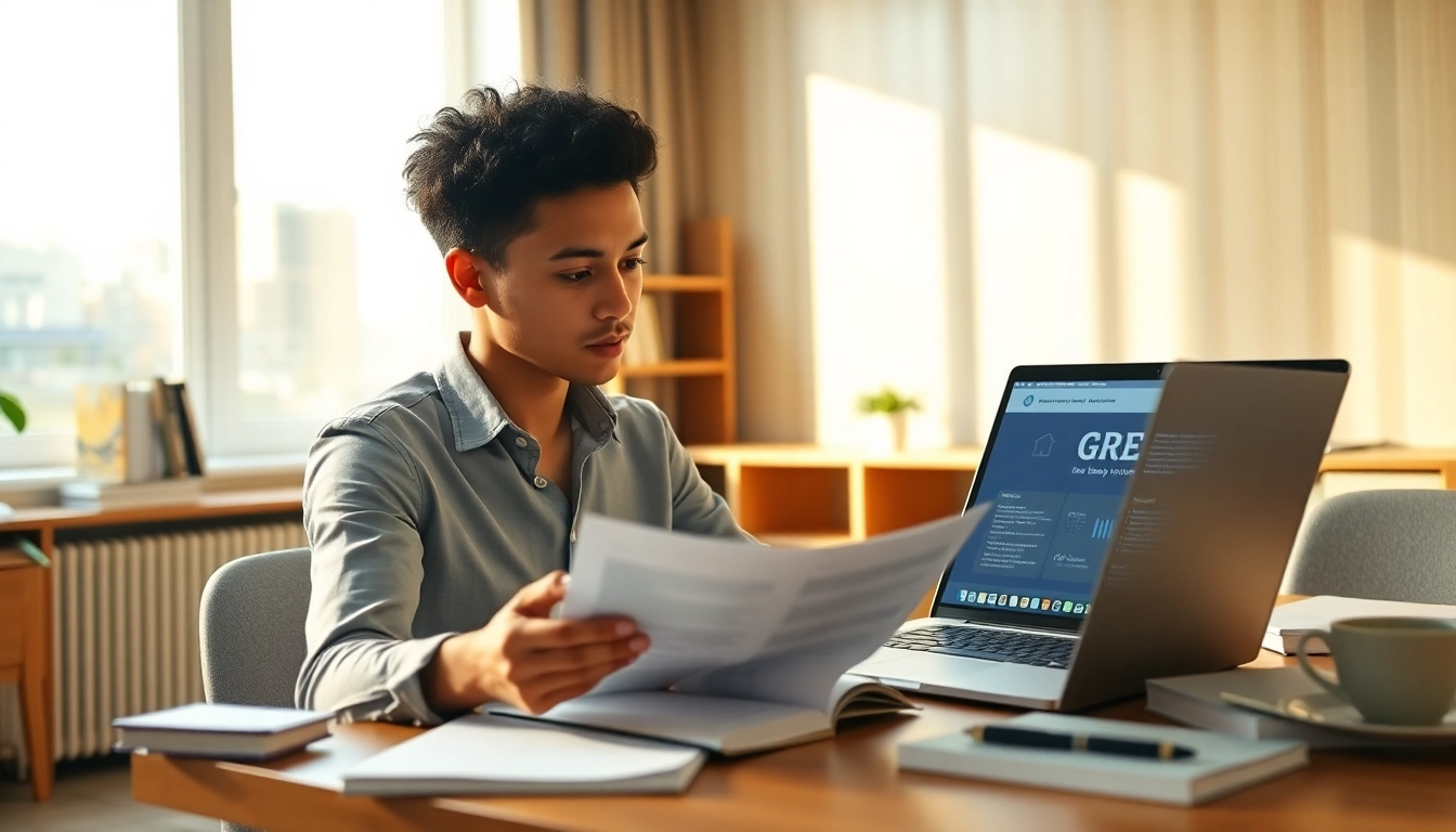 Pay someone to take GRE for me concept in a cozy study with study materials and a laptop.