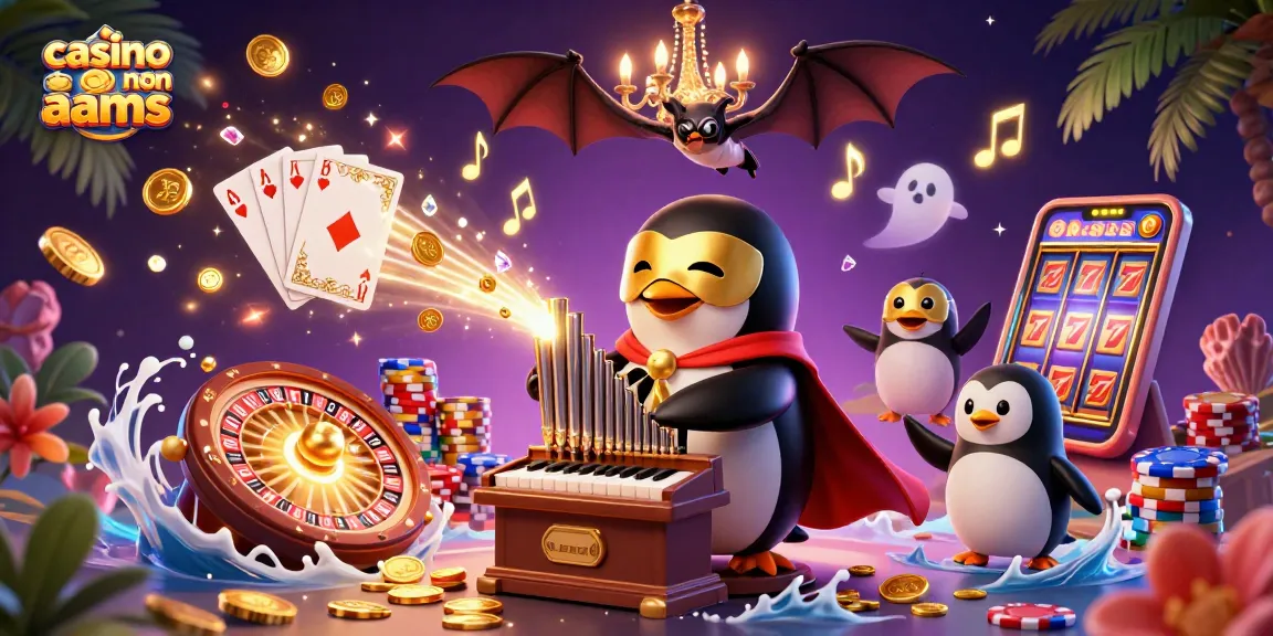 Scopri il mondo dei casino non AAMS con un pinguino in maschera che suona un organo magico incantato tra monete d'oro.