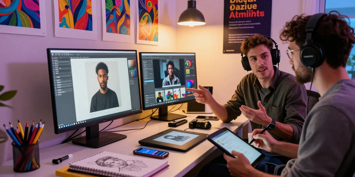 AI porn creation scene with an artist designing digital visuals in a modern studio.