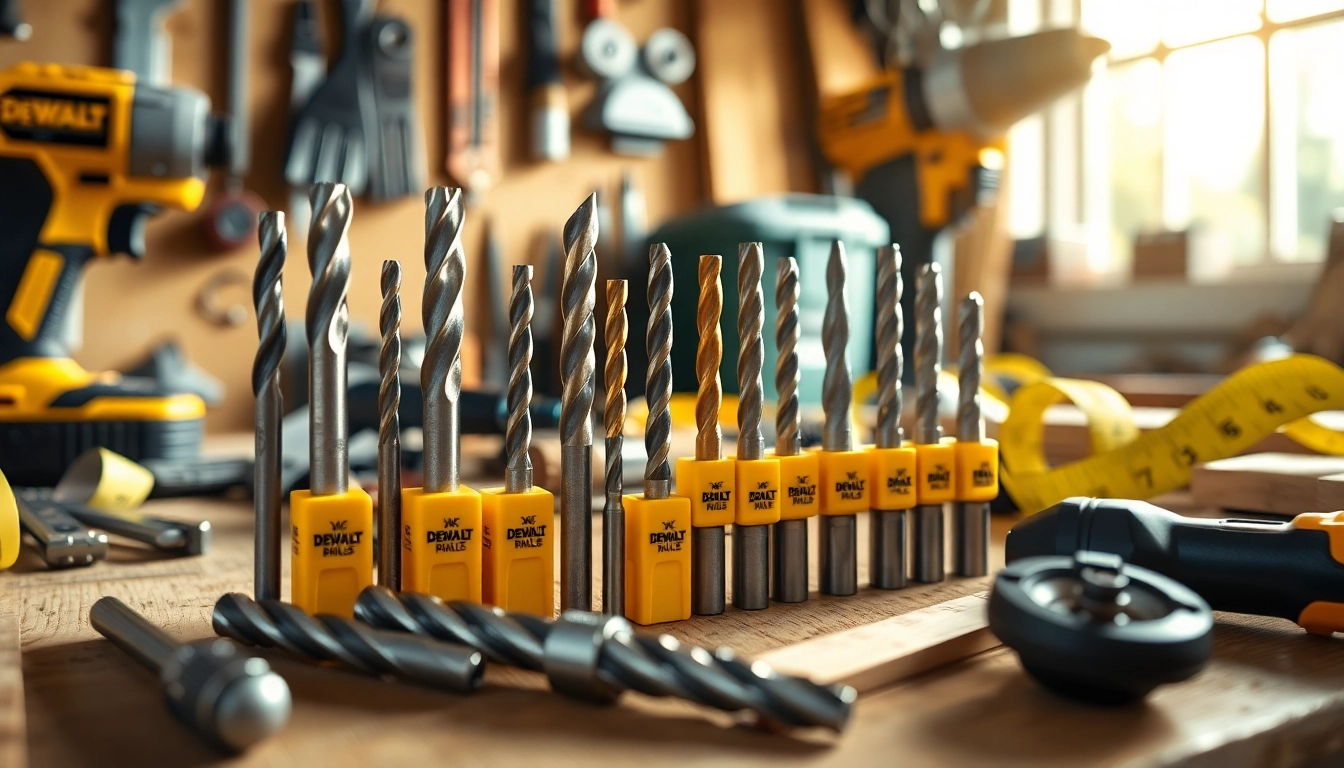 DeWalt drill bits displayed on a workbench enhancing DIY projects.