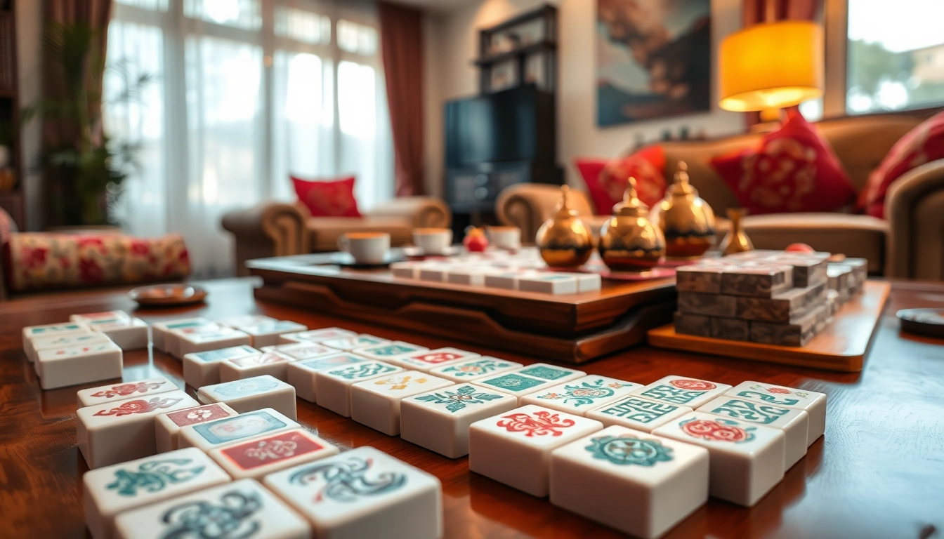 Permainan mahjong di meja kayu klasik dengan ubin berwarna cerah dan suasana nyaman.
