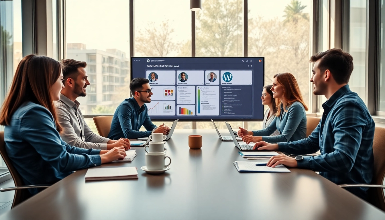 Collaborative team tackling unlimited wordpress tasks in a bright office setting