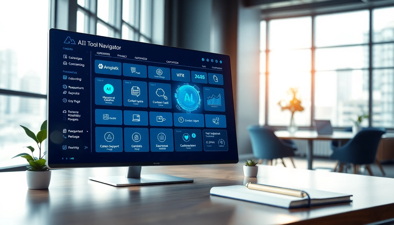 Engaging Ai Tool Navigator interface showcasing diverse AI applications on a digital workspace.