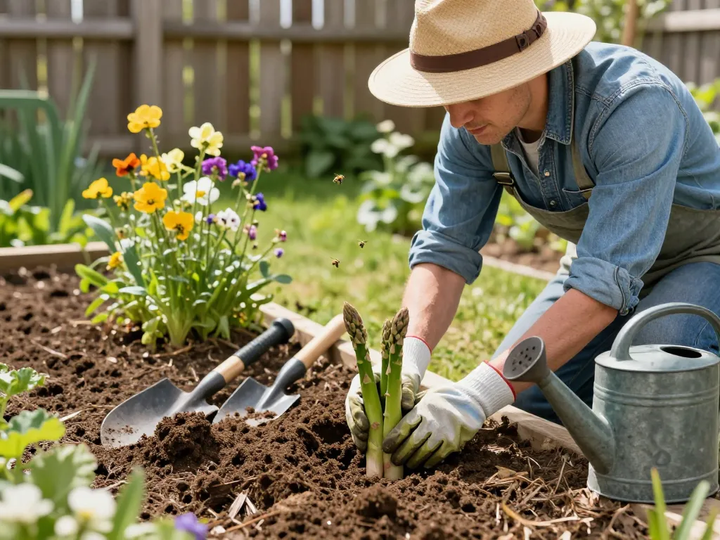 Gardener planting groene asperges planten in a sunny home garden, showcasing eco-friendly gardening practices.