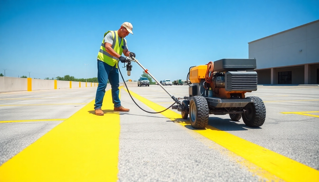 Expert parking lot striping contractor Jackson MS applying markings efficiently on asphalt.