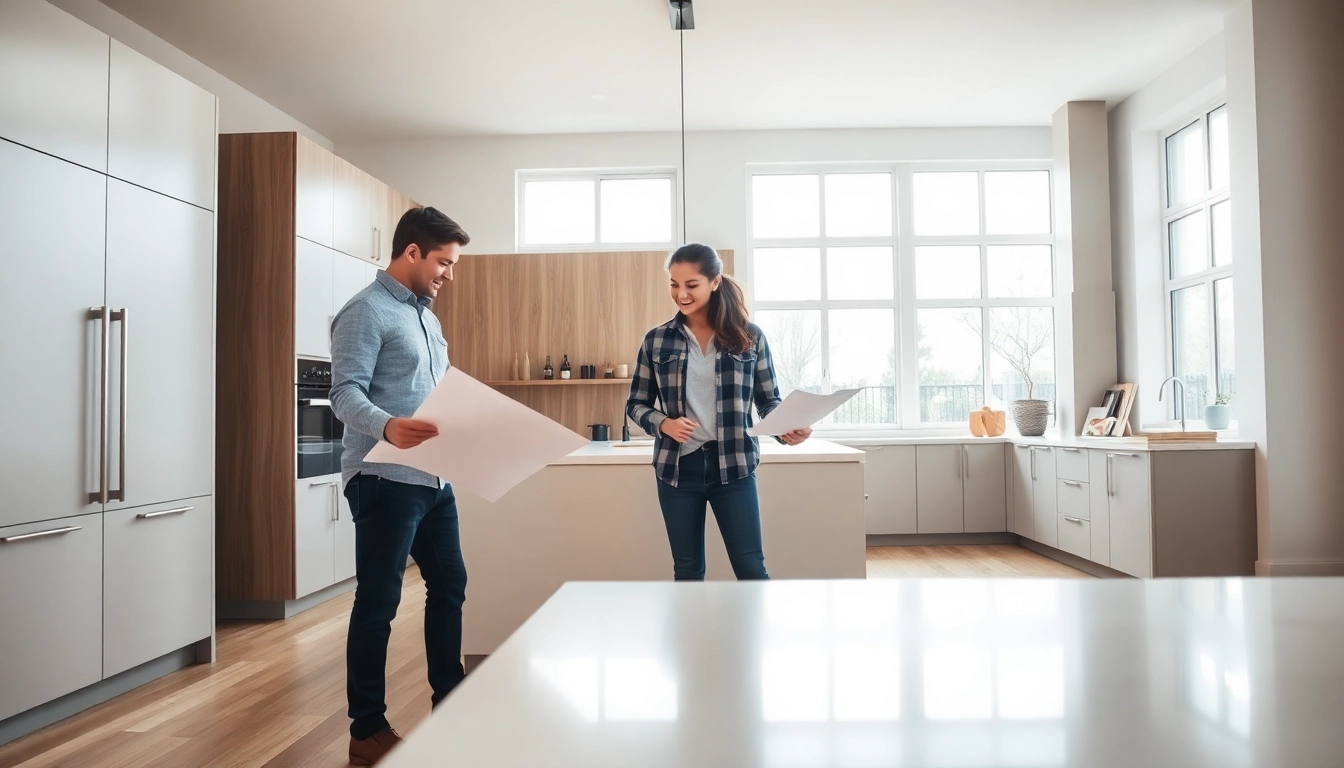 Engaging home renovation scene with a couple assessing kitchen designs and blueprints.