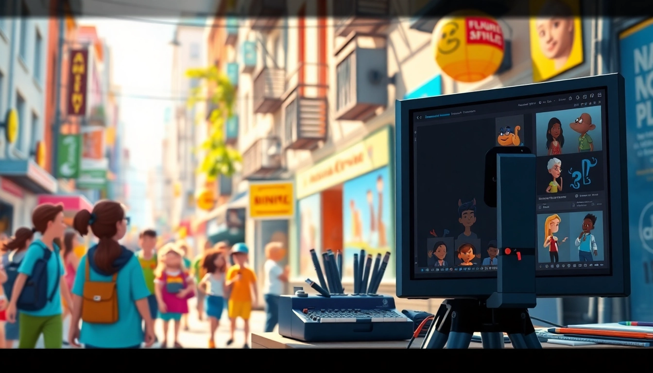 Animation Agency präsentiert kreative Charaktere in einer dynamischen Stadtumgebung.