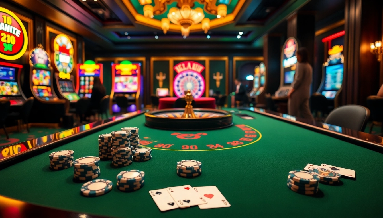 Players engaging with oxplay gaming at a luxurious casino table surrounded by vibrant slot machines.