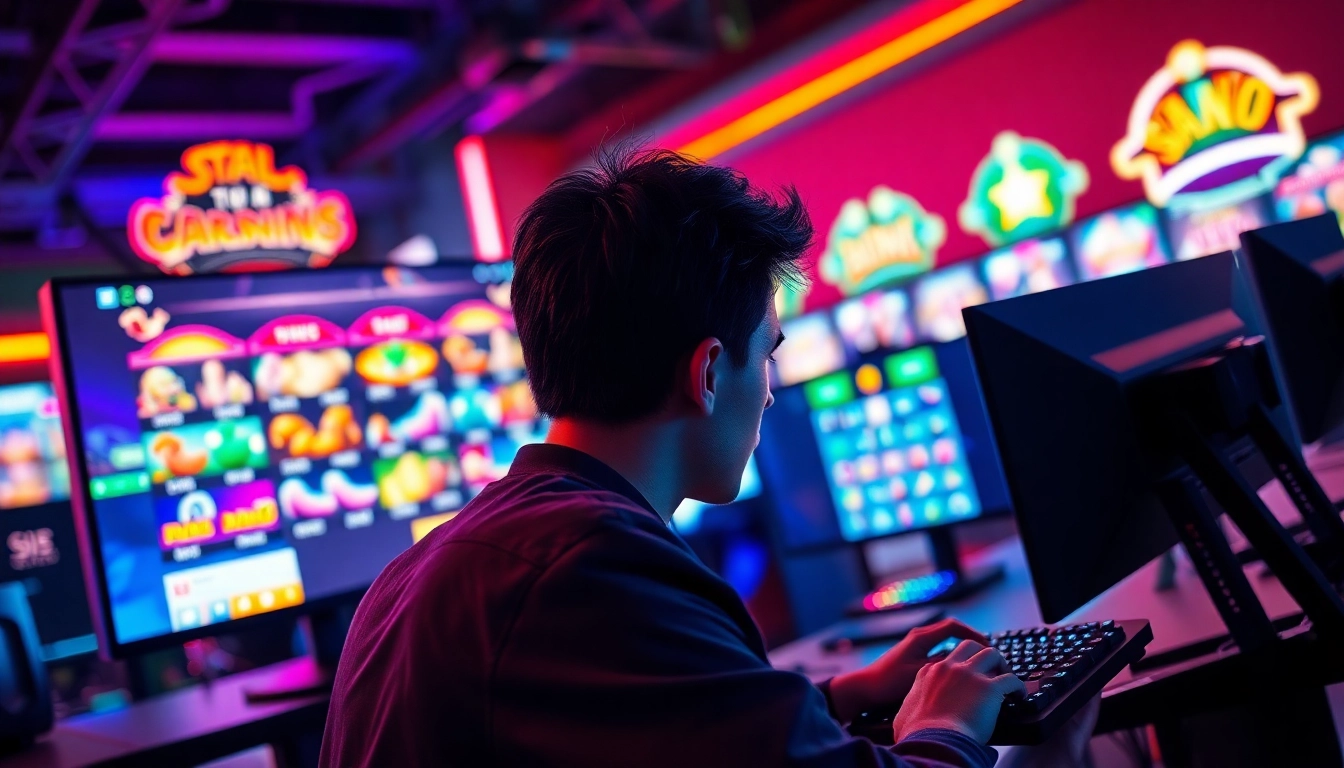Engaged player at https://mega888tm.club gaming station with dynamic visuals and a vibrant setup.