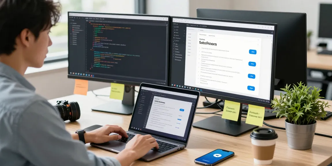Working professional using 纸飞机下载 on modern workspace dual monitors.