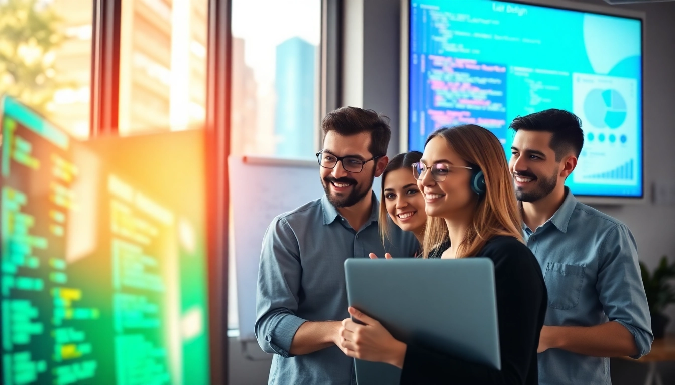 Web development company collaborating at a modern office, showcasing teamwork in action.