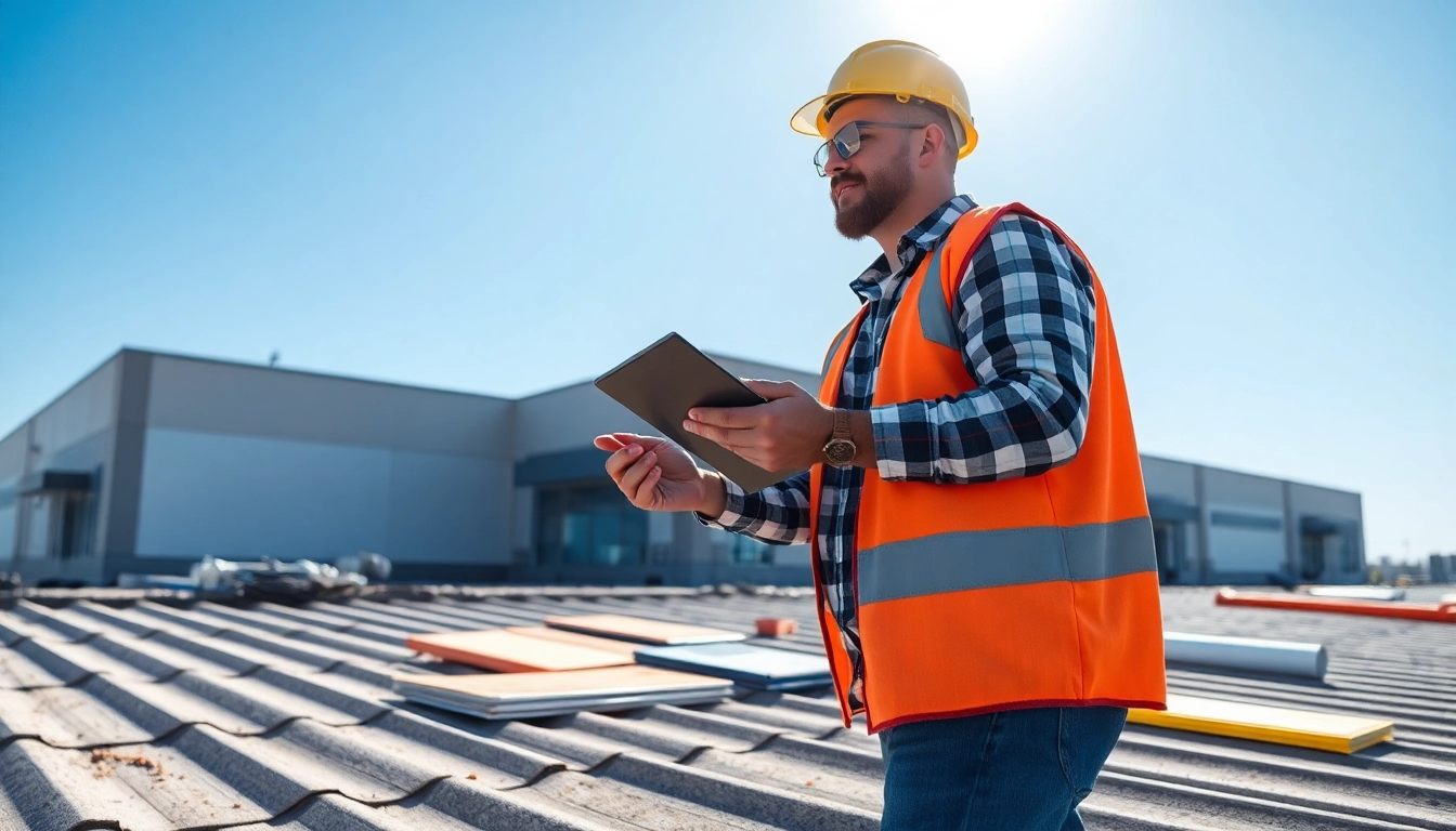 Inspect a roof for commercial roofing services with a contractor and various materials.