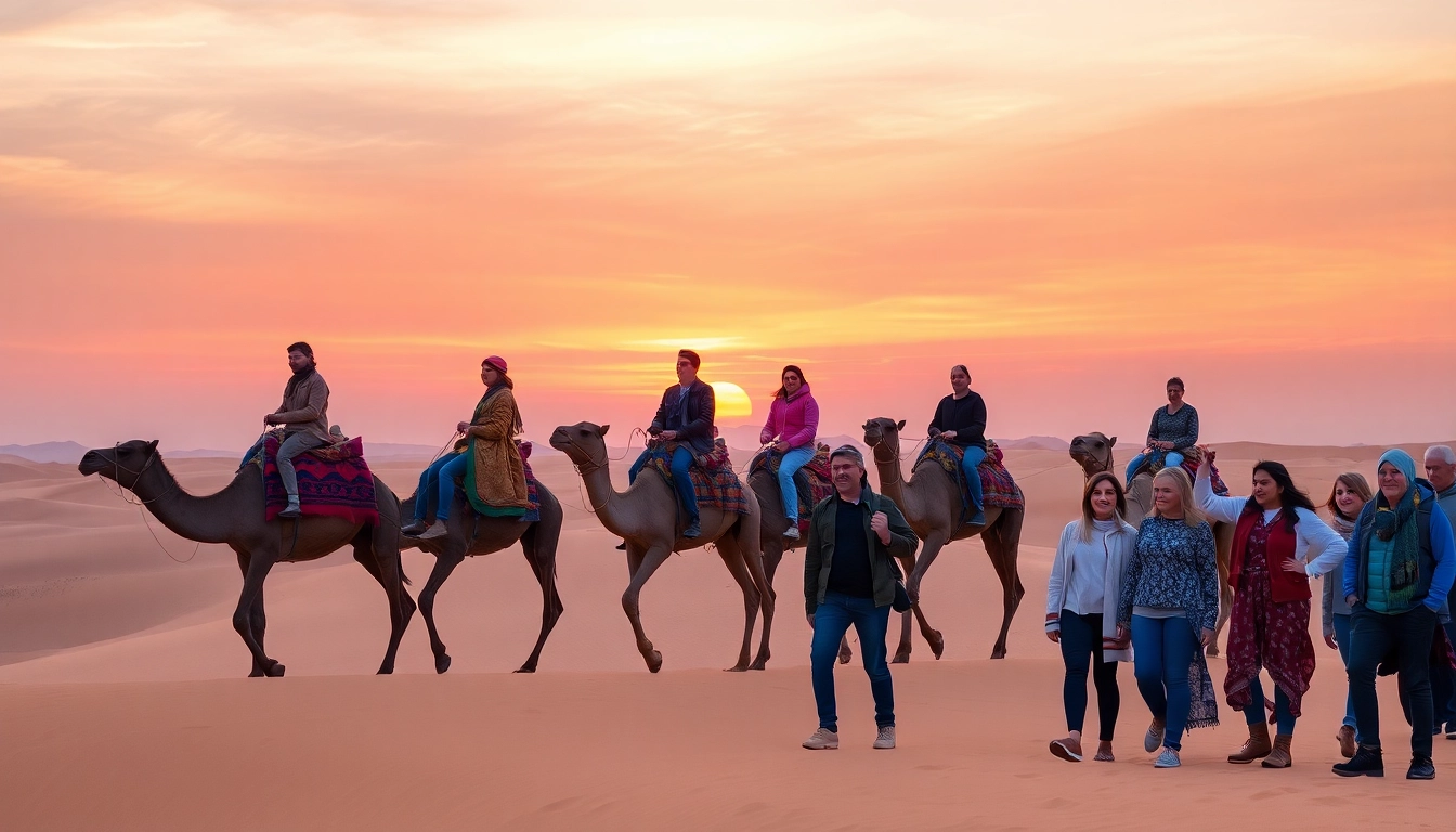 Camel ride Marrakech experience at sunset in the Agafay Desert with camels and travelers.