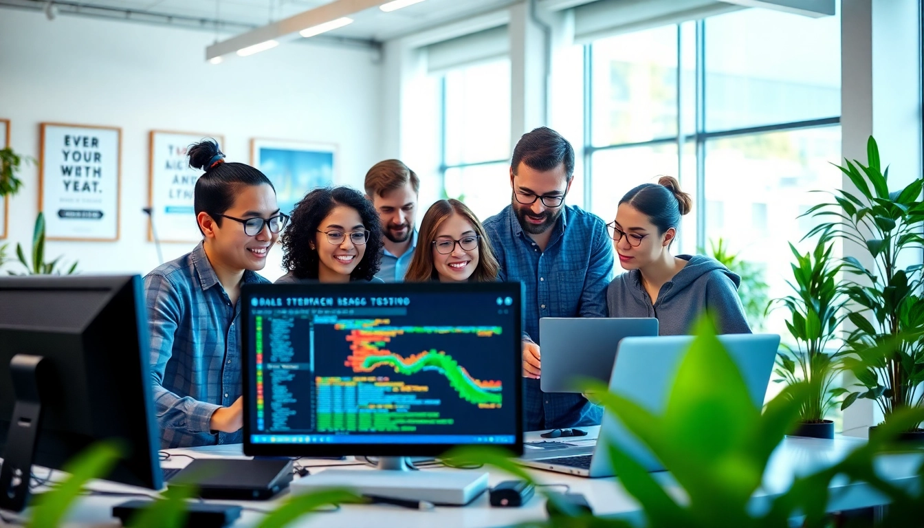 Team analyzing data using a test automation tool in a bright office setting.