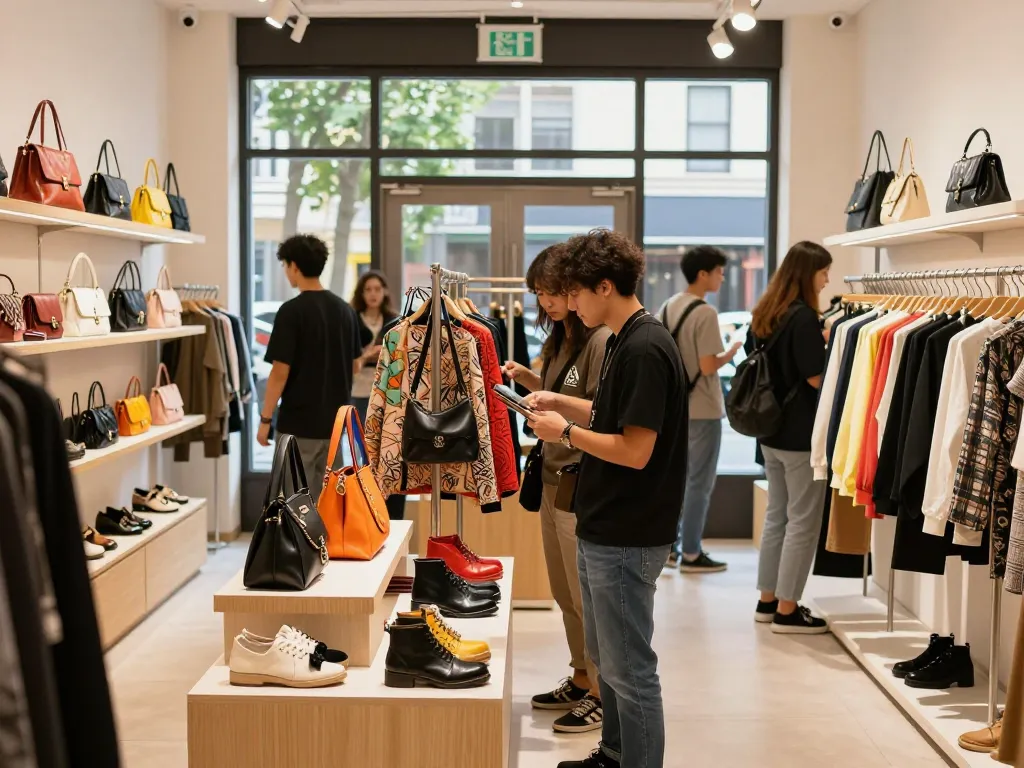 Shopping for high-quality items at a 레플리카 쇼핑몰 with stylish accessories and vibrant boutique atmosphere.