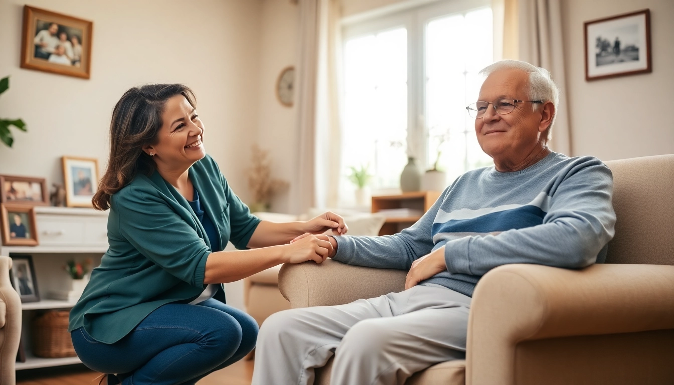 Providing in home care austin tx in a warm living room with a caregiver and elderly client.