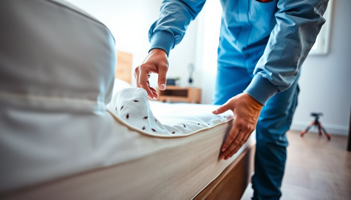 Inspecting for bed bugs at https://affordablebedbugexterminators.com in a bright, clean bedroom.