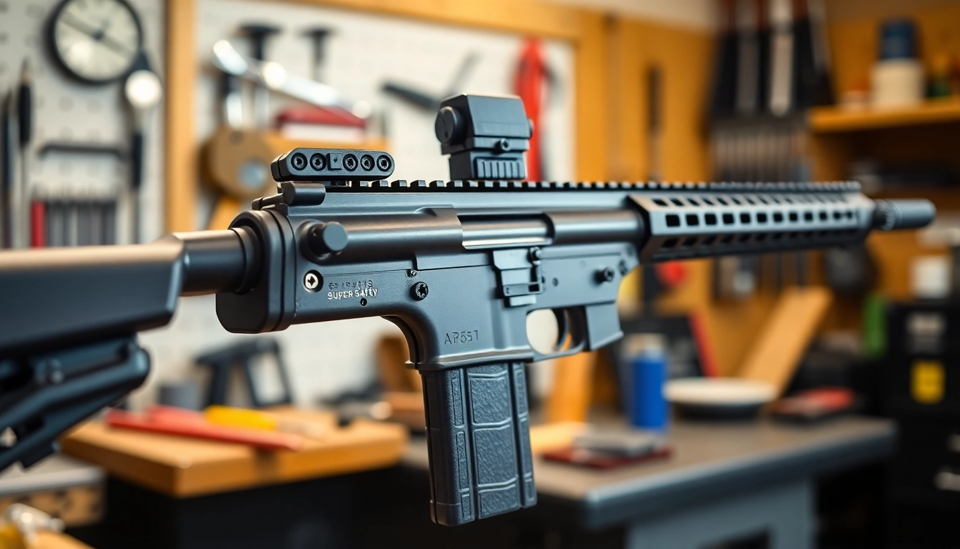 Showcase of super safety ar15 installed on an AR-15 platform in a workshop environment.