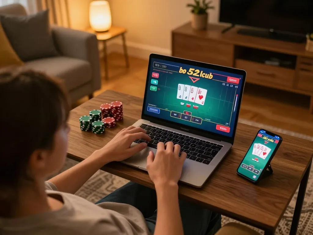 B52 club player engaging in online poker from home setup with laptop and smartphone, strategic gaming in a cozy environment.