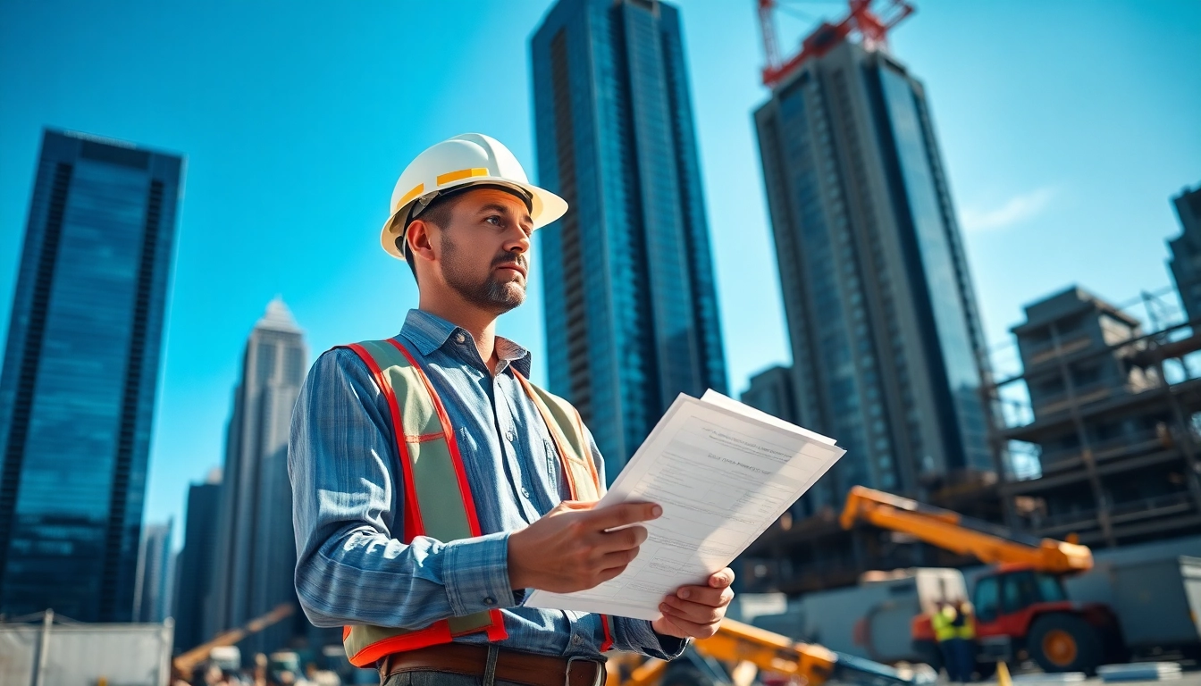 New York City Construction Manager evaluating plans on a busy construction site.