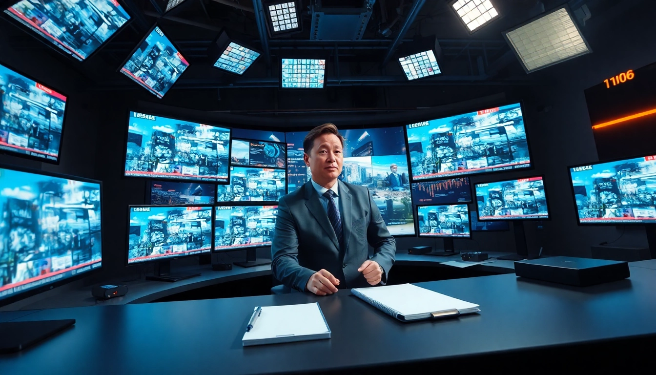 Engaging news reporting scene featuring a journalist at a busy newsroom.