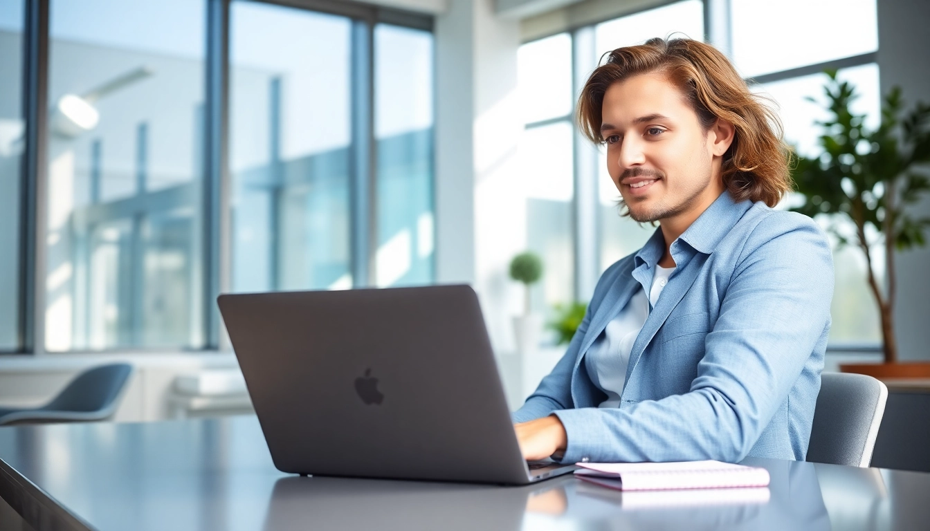 Applicant engaged with the uk eta online application process in a modern office setting.