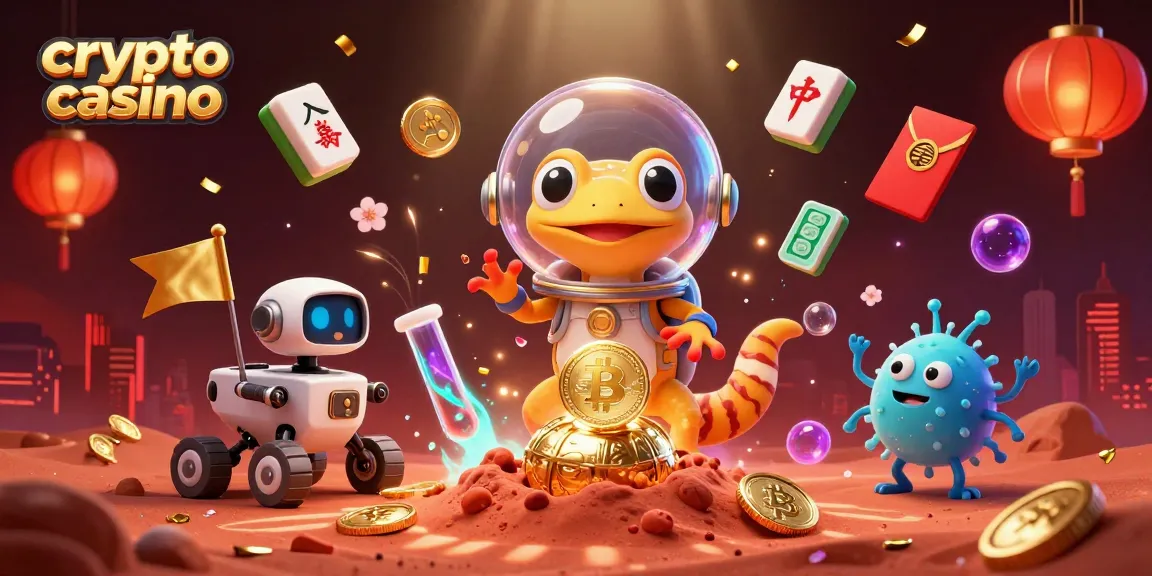 Illustration d'un crypto casino avec un gecko martien explorant un casino d'or sur Mars, entouré de pièces de Bitcoin.