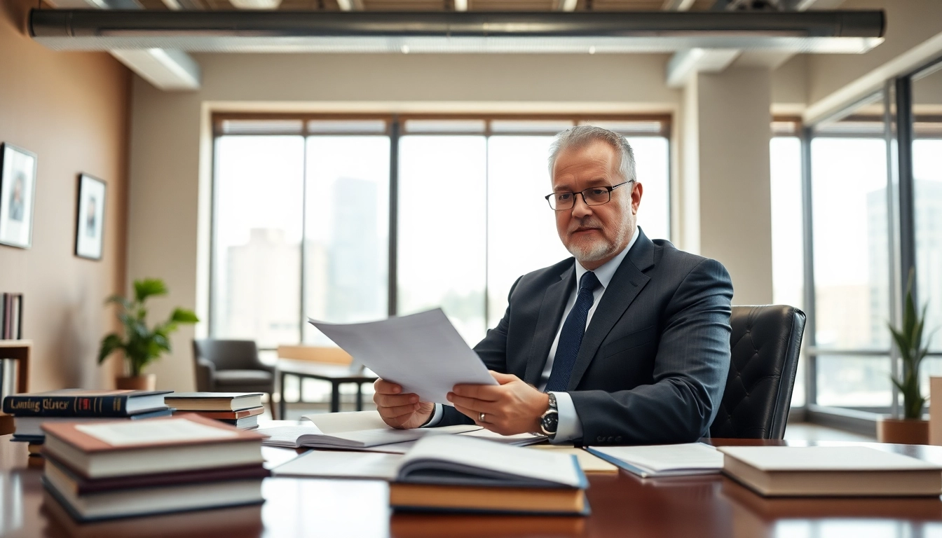 Showcase a Seattle Social Security Disability Lawyer confidently reviewing documents in a modern office.
