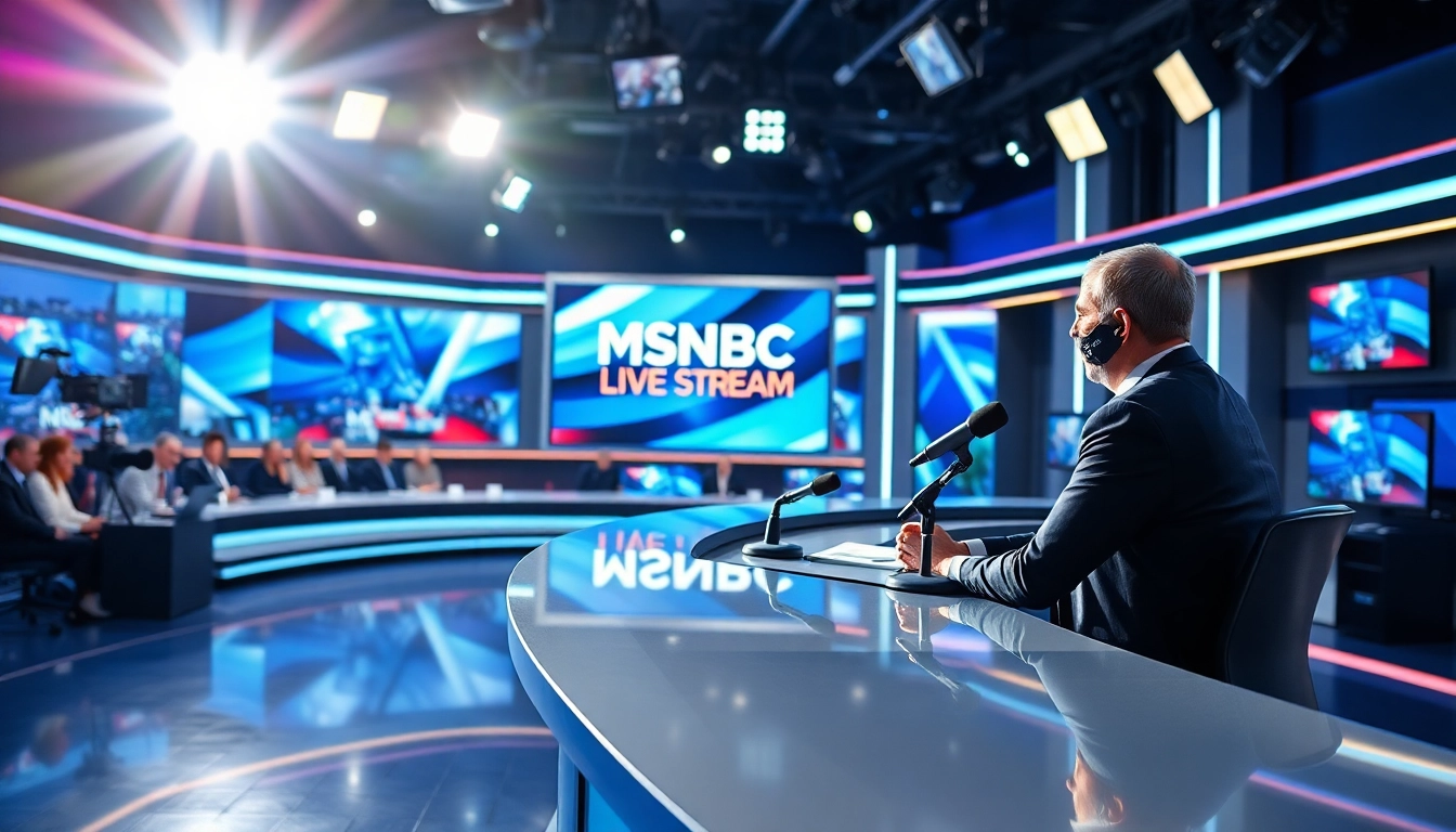 Engage with MSNBC Live Stream in a cutting-edge broadcasting studio environment, showcasing a presenter and advanced technology.