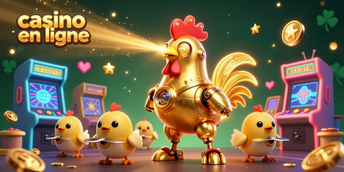 Jouez à casino en ligne avec le robot coq doré et drones poussins autour de machines de jeux colorées.