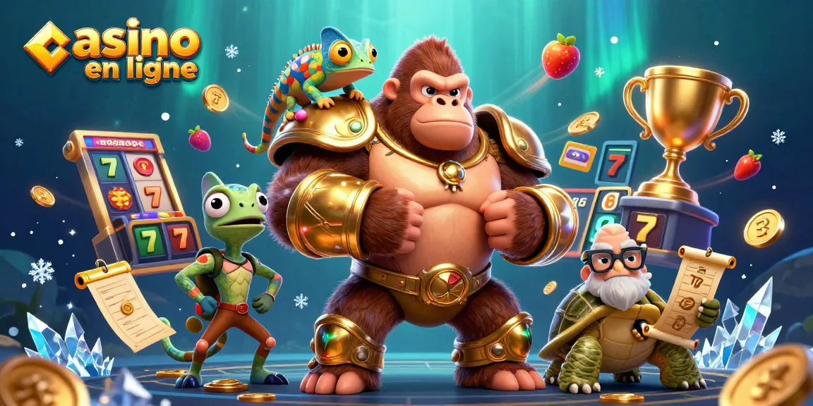 Développez vos stratégies de casino en ligne avec un roi gorille, un caméléon, et un sage dans un environnement de jeu animé.