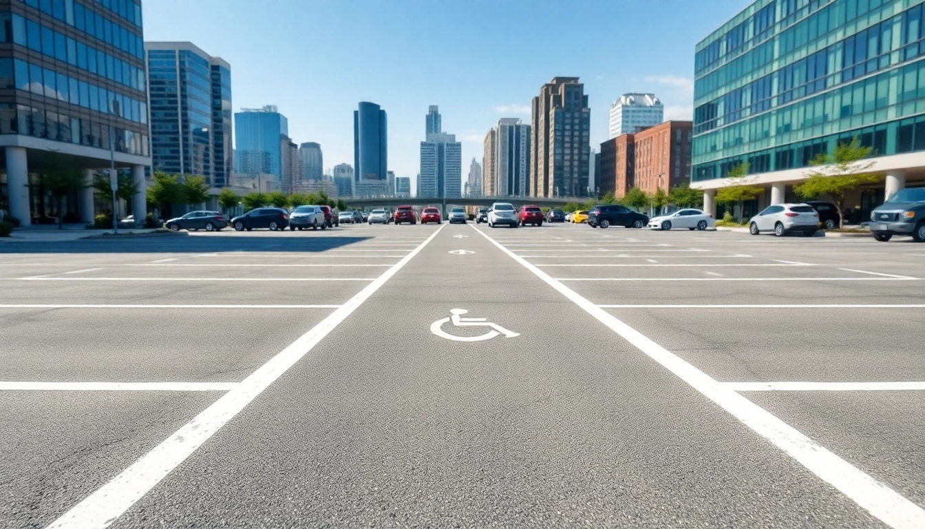 Parking lot striping Jackson Mississippi showcasing freshly painted lines and professional markings.